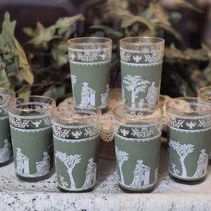 Vintage Jeanette Green Wedgwood Jasperware Hellenic Greek Glasses Set Of 8.